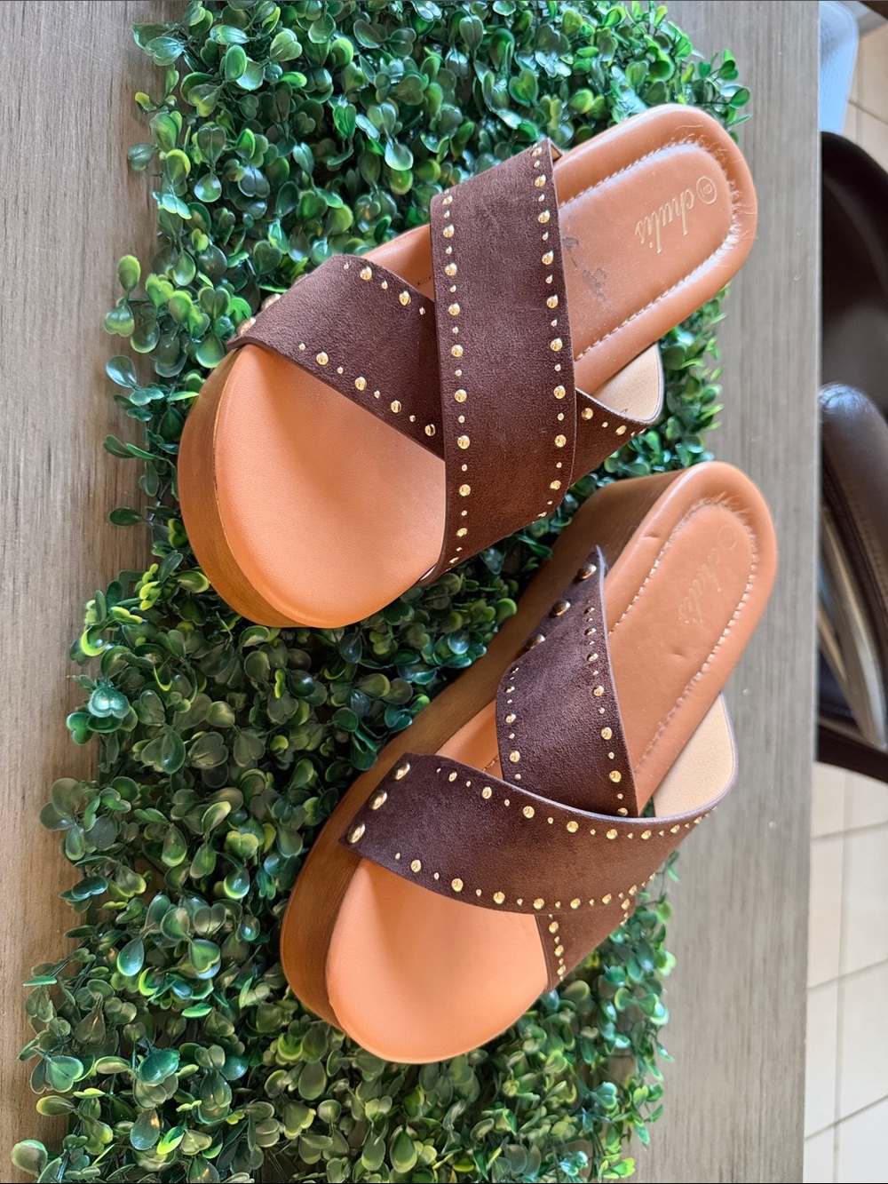 Women’s Brown Studded Cross-Strap Slide Sandals